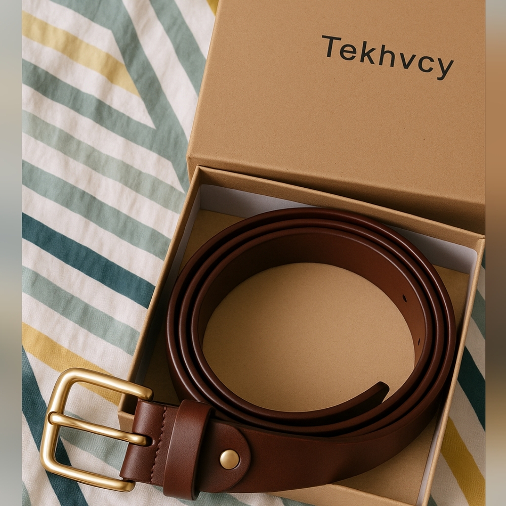 Unisex Brown Leather Belt with Gold Buckle – Tekhvcy